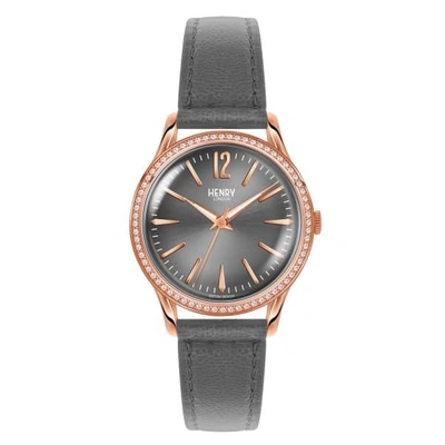 Henry London Ladies 34mm Finchley Leather Watch With Stone Set Bezel In Grey/ Rose Gold