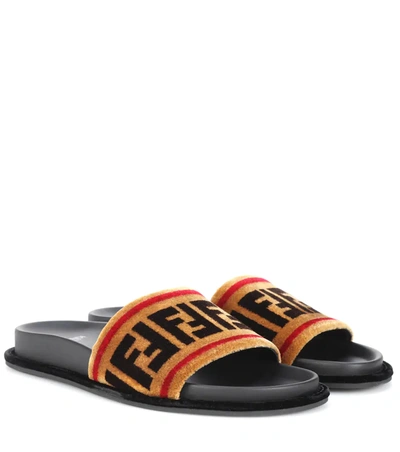 Fendi Brown Velvet Logo Slides In Black