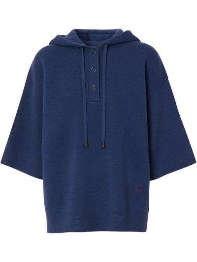 Burberry Short-sleeve Cashmere Blend Oversized Hooded Top In Blau