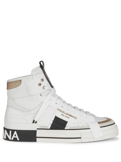 Dolce & Gabbana Calfskin 2.zero Custom High-top Sneakers With Contrasting Details In White