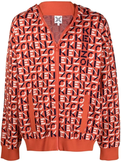 Kenzo Orange Jacket With All-over Logo In Orange,blue,white