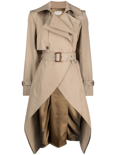 Alexander Mcqueen Asymmetric Cotton-gabardine Trench Coat In Beige,brown