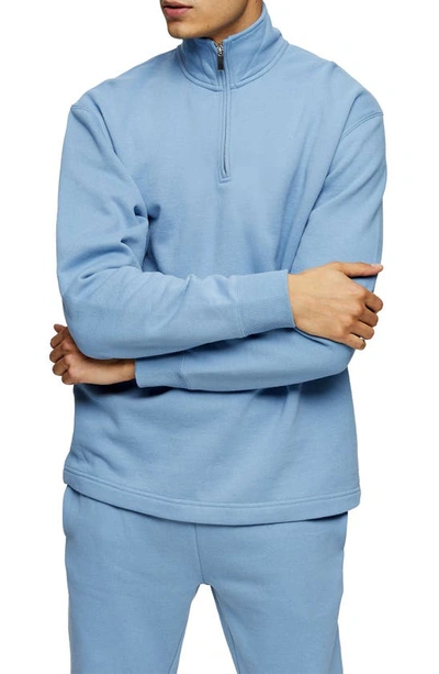 Topman Quarter-zip Cotton Blend Sweatshirt In Blue