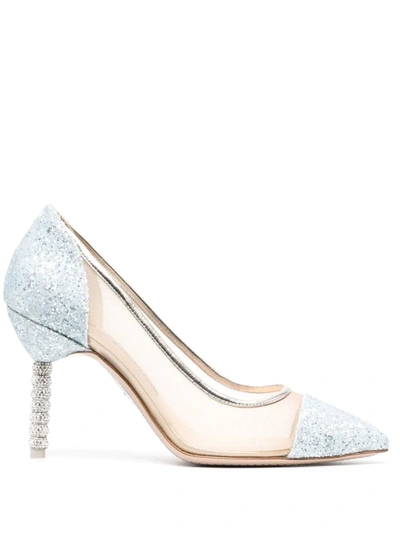 Sophia Webster Jasmine Embellished-heel Glitter Leather & Mesh Pumps In Ice Blue