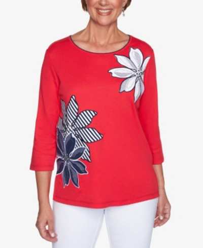 Alfred Dunner Women's Missy Anchor's Away Exploded Floral Applique With Stripe Detail Top In Red