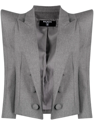 Balmain Exaggerated Shoulder Blazer Jacket In Gray