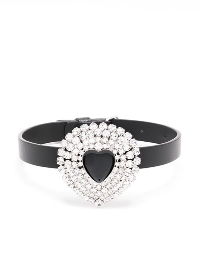 Alessandra Rich Crystal-embellished Heart Leather Choker In Crystal & Silver