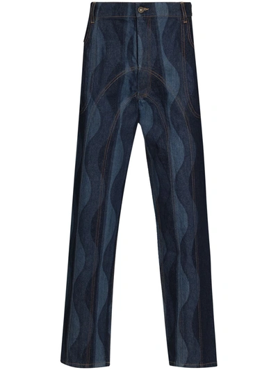 Ahluwalia Wave-print Recycled-cotton Jeans In Blue