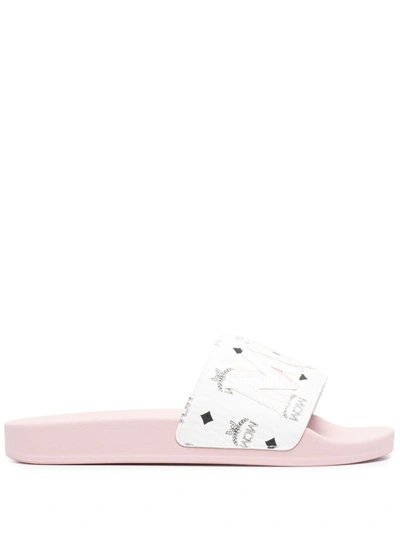 Mcm Women's Visetos Logo Patch Slide Sandals In Pink