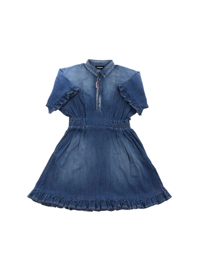 Dsquared2 Kids' Ruffled Dress In Light Blue Denim In Jeans