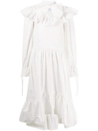 Msgm Gathered Ruffled Corded Lace Midi Dress In White
