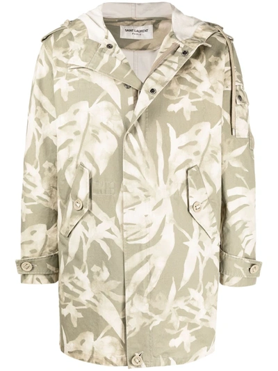 Saint Laurent Watercolor Printed Parka In Sand Color In Green