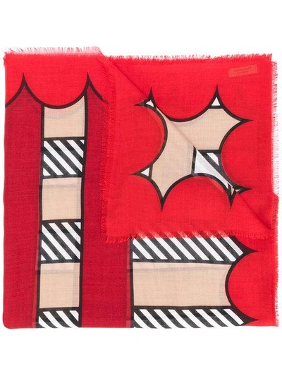 Burberry Scallop & Stripe-print Cashmere & Silk Scarf In Red