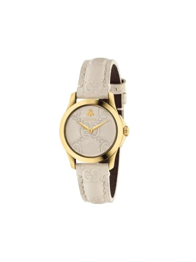 Gucci 38mm G-timeless Watch With Debossed Leather Strap In White/gold