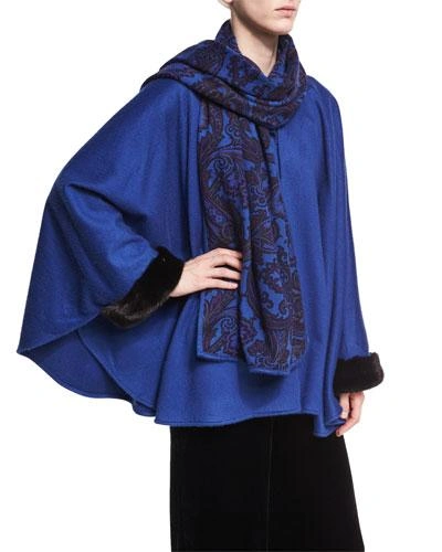 Etro Paisley-print Cashmere Poncho With Fur Cuffs, Blue