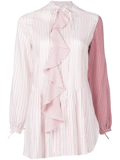 Jw Anderson Ruffled-front Striped Silk-charmeuse Tunic Top In Ruby