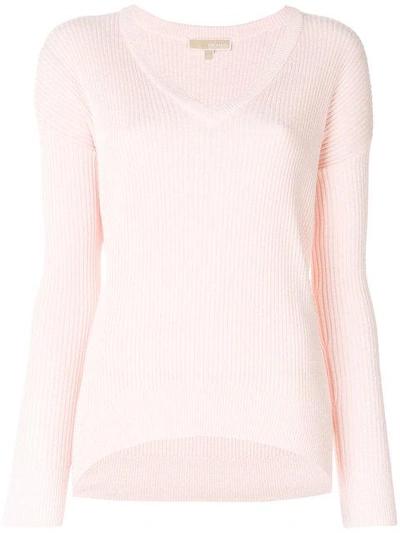 Michael Michael Kors V-neck Knit Detail Sweater In Pink