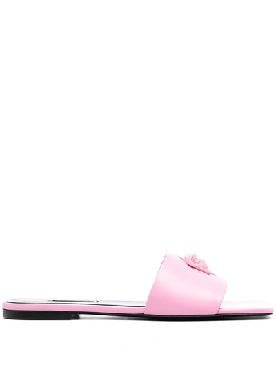 Versace Pink Leather Mules With Medusa Logo