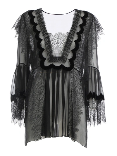 Alberta Ferretti Crepe Silk And Lace Blouse In Black