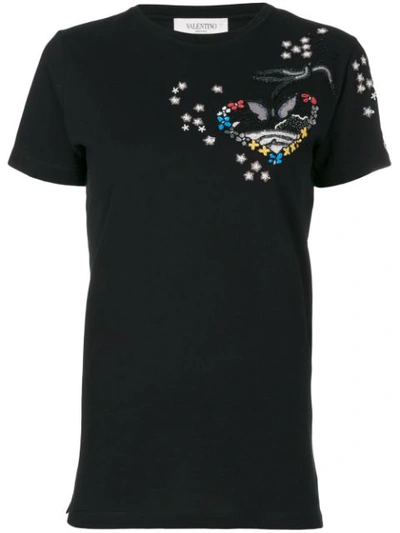Valentino Heart Embellished Cotton Jersey T-shirt In Black