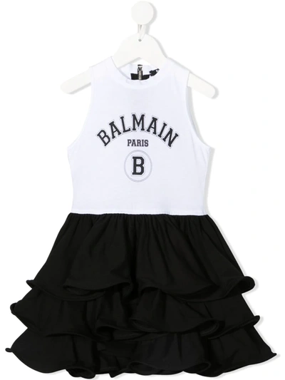 Balmain Kids' Logo印花荷叶边半身裙连衣裙 In Ne Bianco Nero