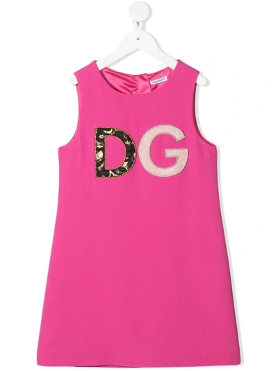 Dolce & Gabbana Kids' Short Cady Dress With Dg Patch Embellishment In Fuchsia