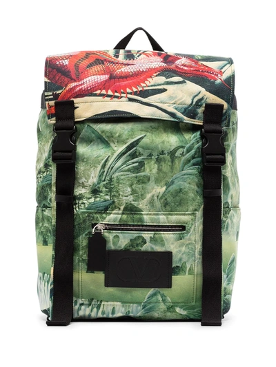 Valentino Garavani Green Red Dragon Print Backpack