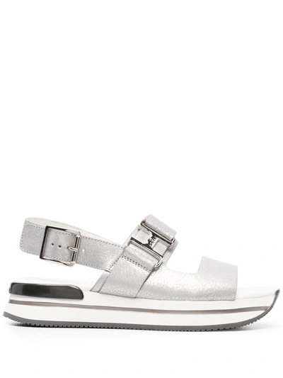 Hogan Logo-buckle Detail Sandals In Silver