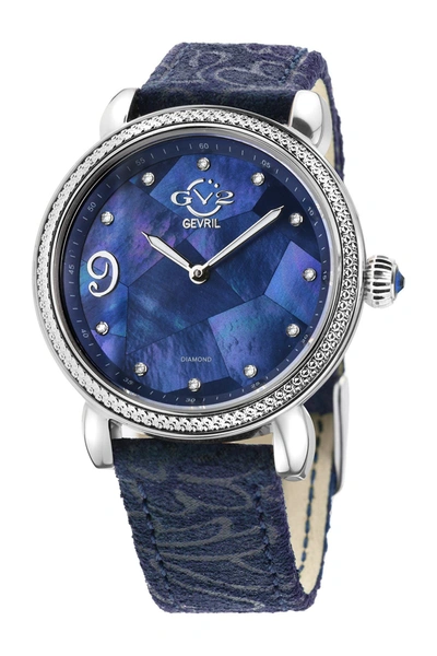 Gevril Gv2 Ravenna Mother Of Pearl Diamond Suede Embossed Strap Watch, 37mm In Blue