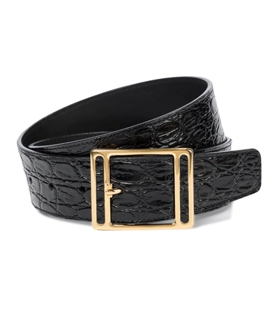 Saint Laurent Croc-effect Leather Belt In Black