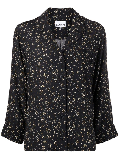 Ganni Floral Print Long-sleeve Shirt In Black