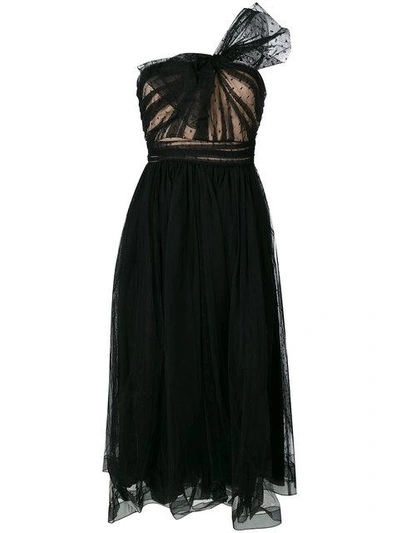 Red Valentino One Shoulder Bow Detail Tulle Dress In Black