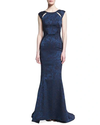 Zac Posen Floral Jacquard Cutout-shoulder Gown In Navy/twighlight