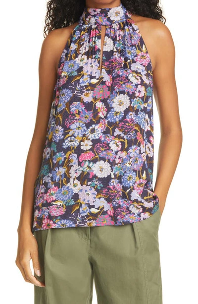 Tanya Taylor Kendall Puckered Silk Halter Neck Top In Mixed Meadow Navy