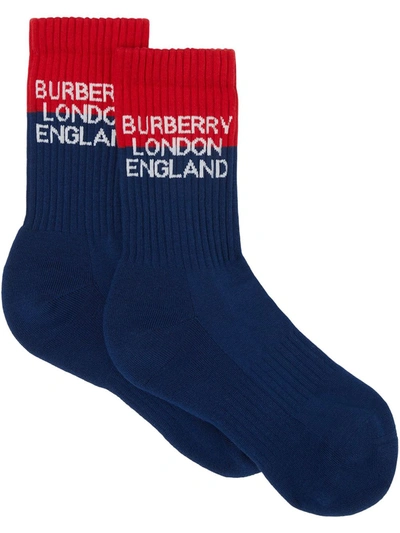 Burberry Logo Intarsia Technical Stretch Cotton Socks In Navy Red