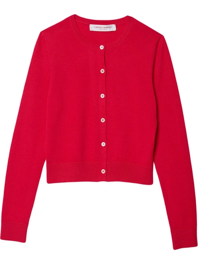 Carolina Herrera Silk Cardigan W/ Pearlescent Buttons In Lacquer Red