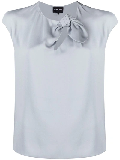Giorgio Armani Knot Keyhole Silk Blouse In Blue