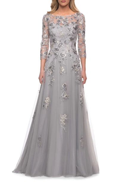 La Femme Beaded Lace Tulle A-line Gown In Grey
