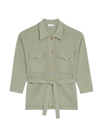 Sandro Amelie Belted Shirt-style Cardigan In Light Green