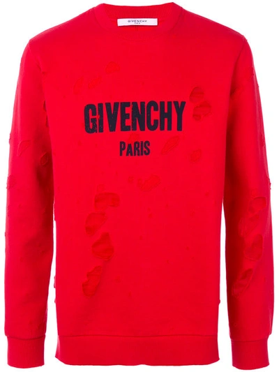 Givenchy Logo-print Destroyed Cotton Sweatshirt In Red | ModeSens