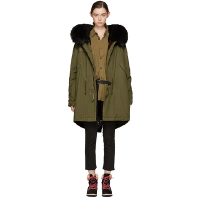 Mr & Mrs Italy Mr And Mrs Italy Green And Black Fur-lined Long Parka In 9000 Black