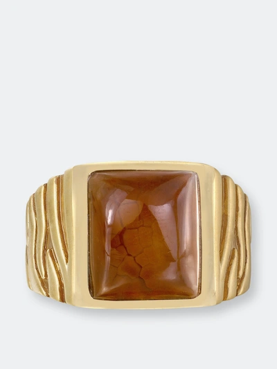 Luvmyjewelry Cracked Agate Stone Signet Ring In Brown Rhodium & 14k Yellow Gold Plated Sterling Silv
