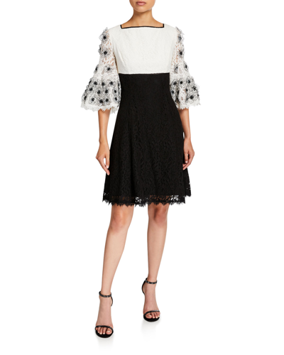 Shani Colorblock Fit-&-flare Lace Dress With Floral Sleeve Applique In Black Ivory
