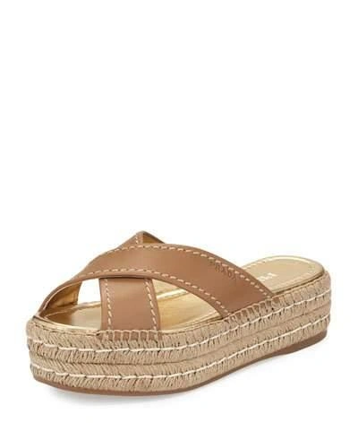 Prada Leather Crisscross Espadrille Slide Sandal, Naturale