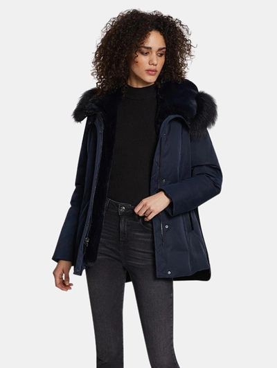 Dawn Levy Luka Fitted Parka With Velvet & Fur Trim In Blue