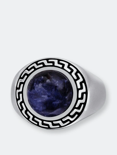 Luvmyjewelry Dark Blue Sodalite Stone Signet Ring In Black Rhodium Plated Sterling Silver In Grey