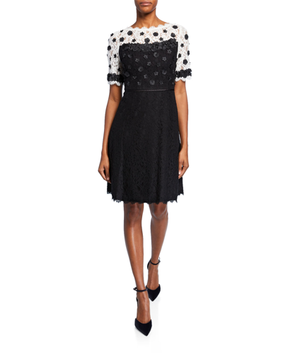 Shani Colorblock Fit-&-flare Lace Dress W/ Floral Applique In Black
