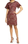 Shani Crewneck Flare-sleeve Lace Cocktail Dress In Red