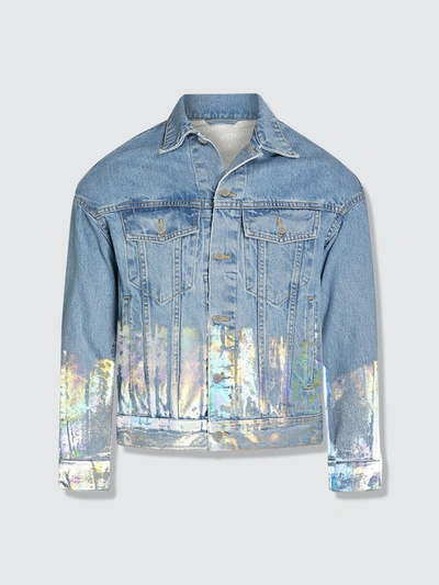 Venim Shorter Light Wash Denim Jacket With Holographic Foil In Blue
