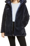 Save The Duck Waterproof Reversible Hooded Faux Fur Coat In 146 Blue Black
